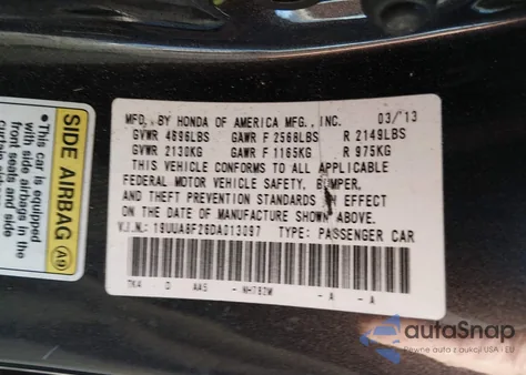 2013 Acura Tl 3.5 из США, поврежденный, VIN 19UUA8F26DA013097